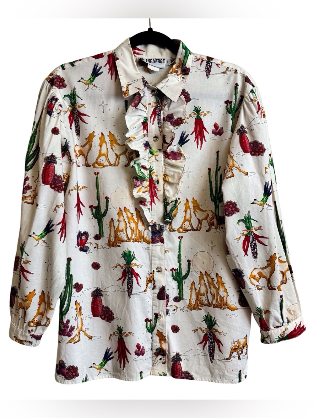 Vintage On The Verge Size Small Cowboy Western Cactus Ruffle Button Up Top